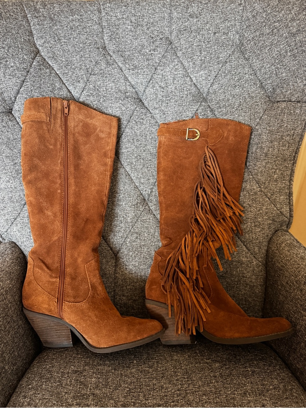 Carlos Santana Tan Suede Fringe Knee Boots